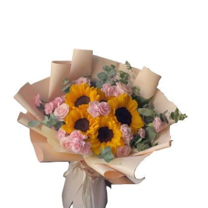 5 girasoles con 18 rosas rosas en ramo de regalo